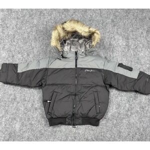 VTG Phat Farm Down Fill Puffer Jacket Faux Fur Hooded Charcoal Gray Size 4 NEW